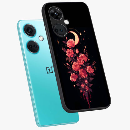 Moonlit Floral Elegance Glass Case for 1+Nord CE 3 angled mockup showcasing glossy finish and rich night tones