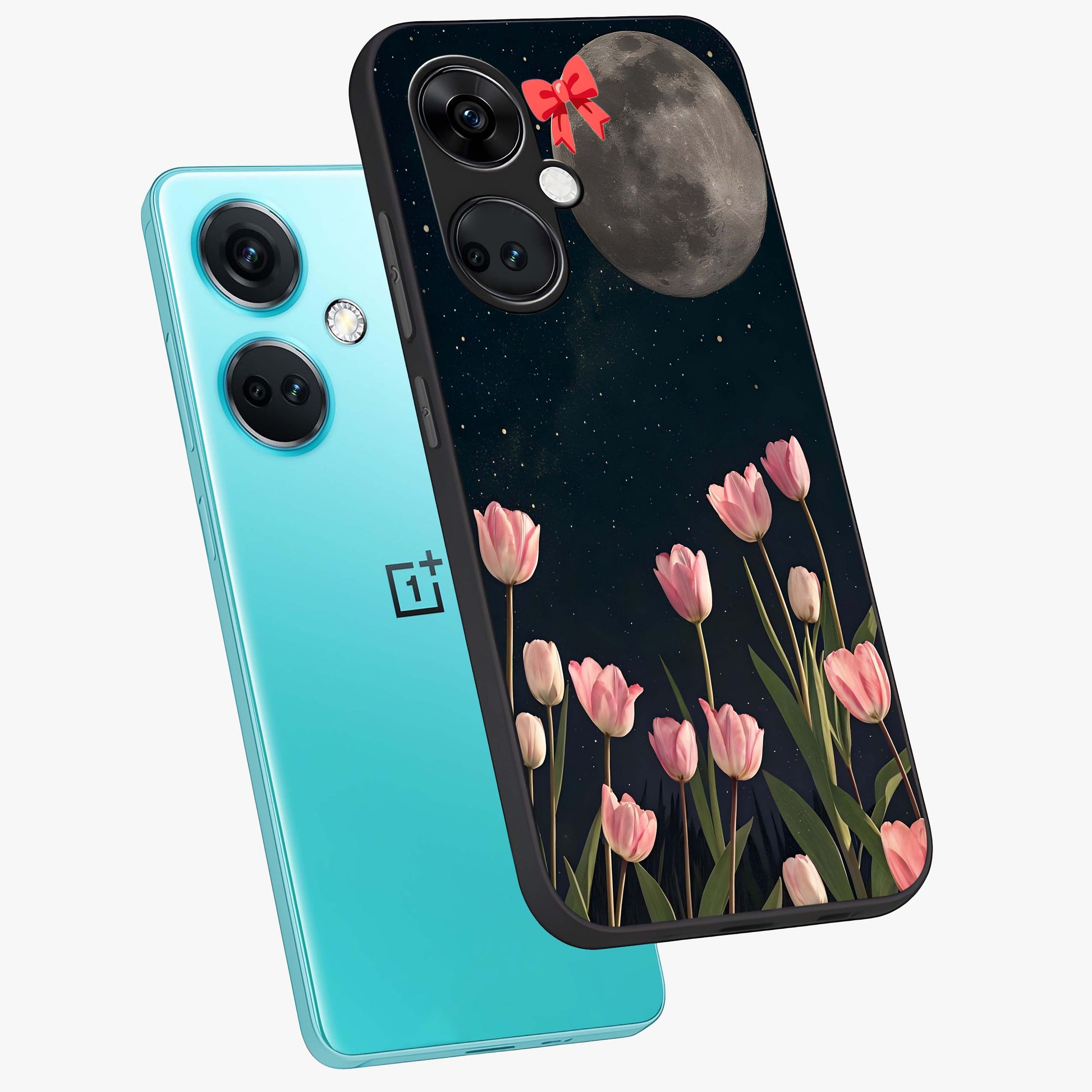 Moonlit Night Tulip Glass Case for 1+Nord CE 3 angled mockup showcasing glossy finish and soft luminous accents