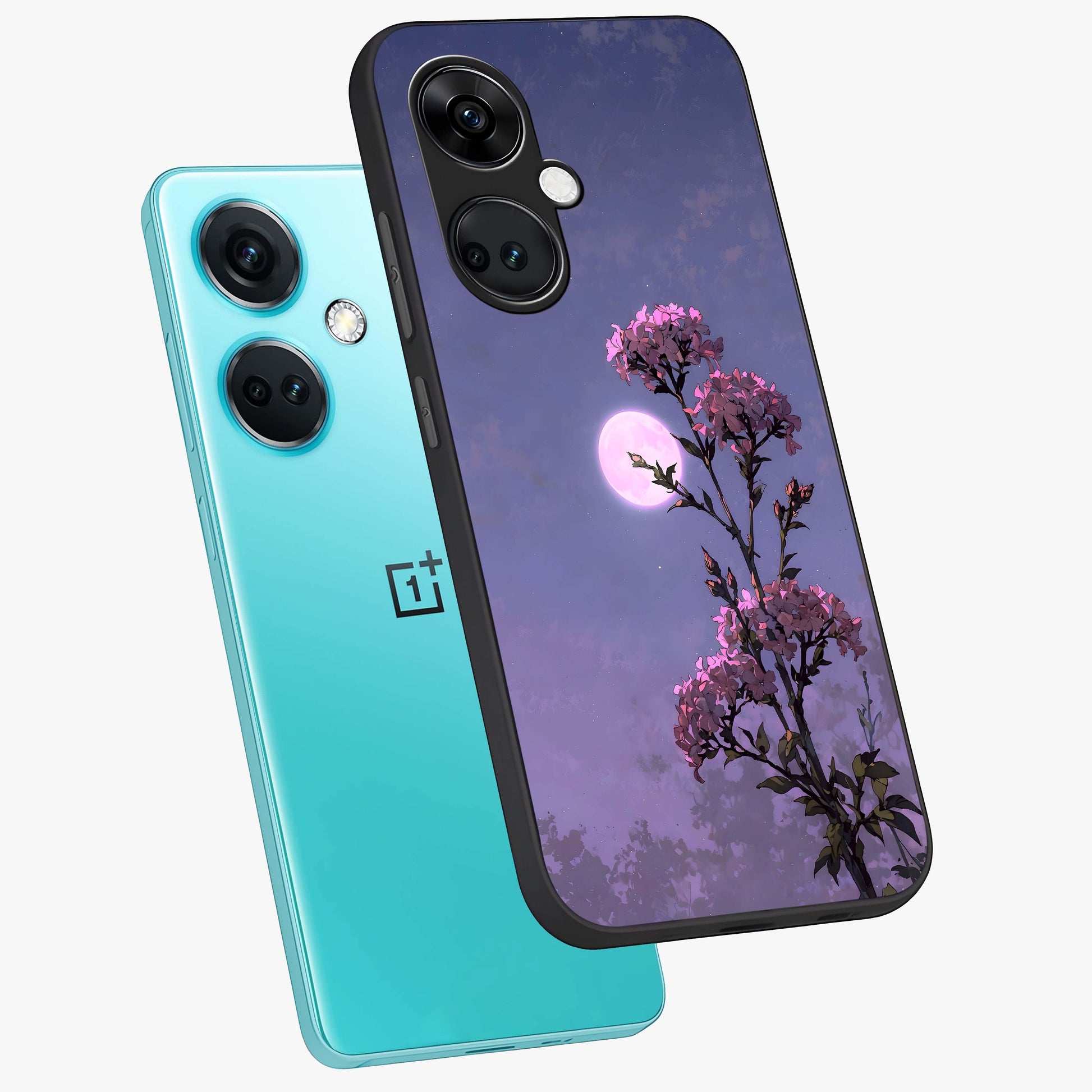 Moonlit Petal Night Glass Case for 1+Nord CE 3 angled mockup showcasing glossy finish and subtle moonlight detailing
