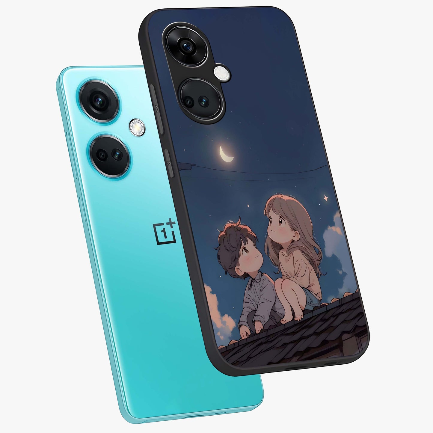 Moonlit Promise Together Glass Case for 1+Nord CE 3 angled mockup showcasing glossy finish and soft emotional detailing