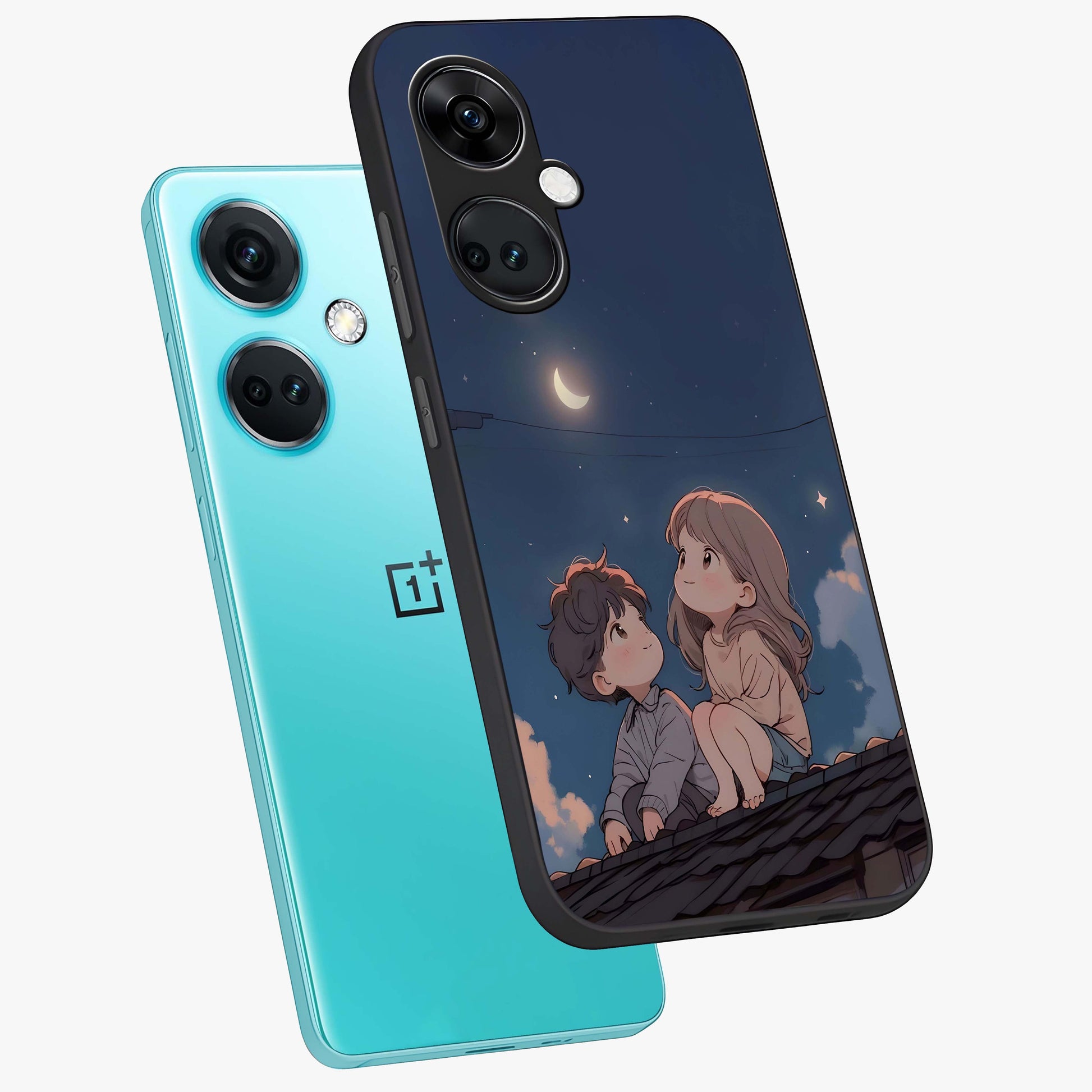 Moonlit Promise Together Glass Case for 1+Nord CE 3 angled mockup showcasing glossy finish and soft emotional detailing