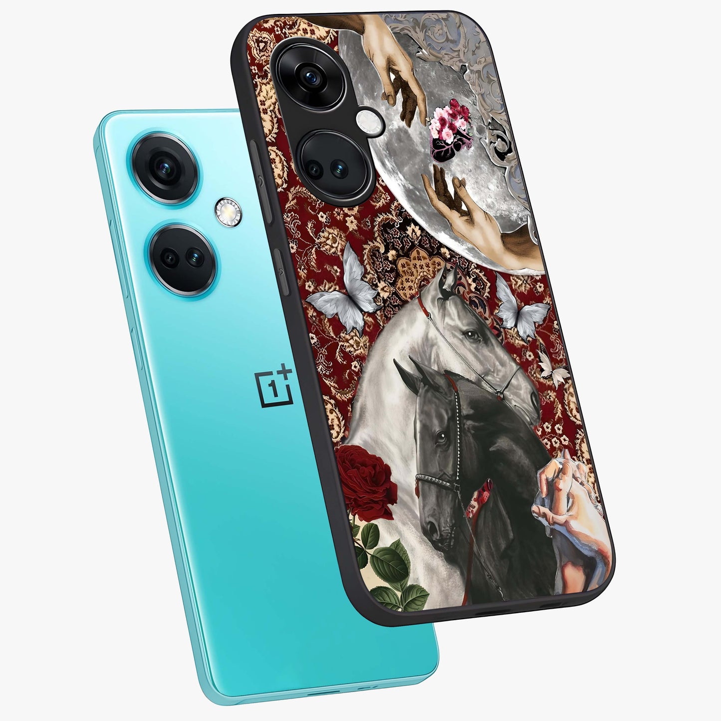 Moonlit Royal Stallion Glass Case for 1+Nord Ce 3 angled mockup showcasing glossy finish and deep midnight tones