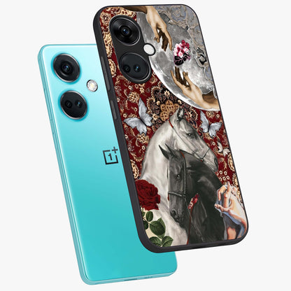 Moonlit Royal Stallion Glass Case for 1+Nord Ce 3 angled mockup showcasing glossy finish and deep midnight tones