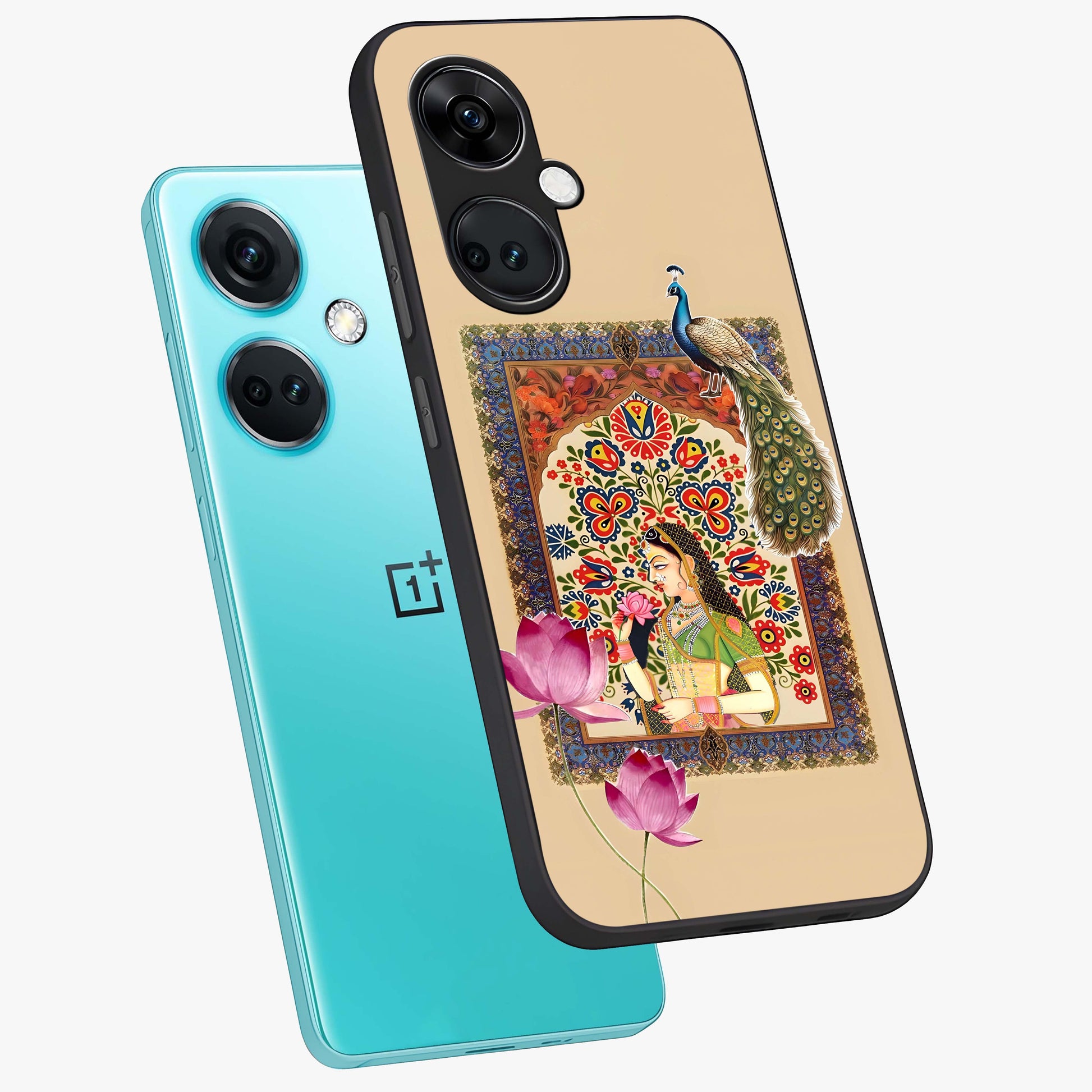 Mughal Princess and Peacock Glass Case for 1+Nord Ce 3 angled mockup showcasing glossy finish and rich heritage tones