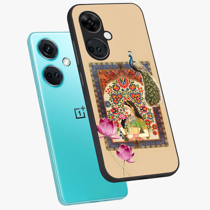 Mughal Princess and Peacock Glass Case for 1+Nord Ce 3 angled mockup showcasing glossy finish and rich heritage tones