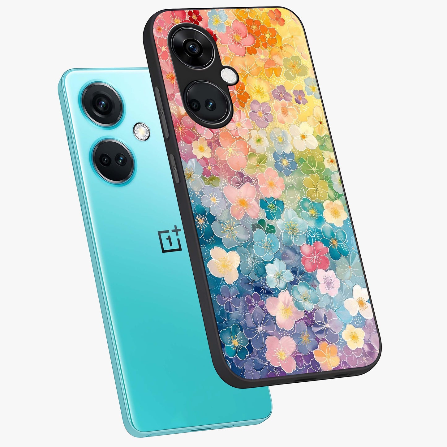 Multiple Background With Flower Glass Case for 1+Nord CE 3 angled mockup showcasing glossy glass finish and colorful detailing