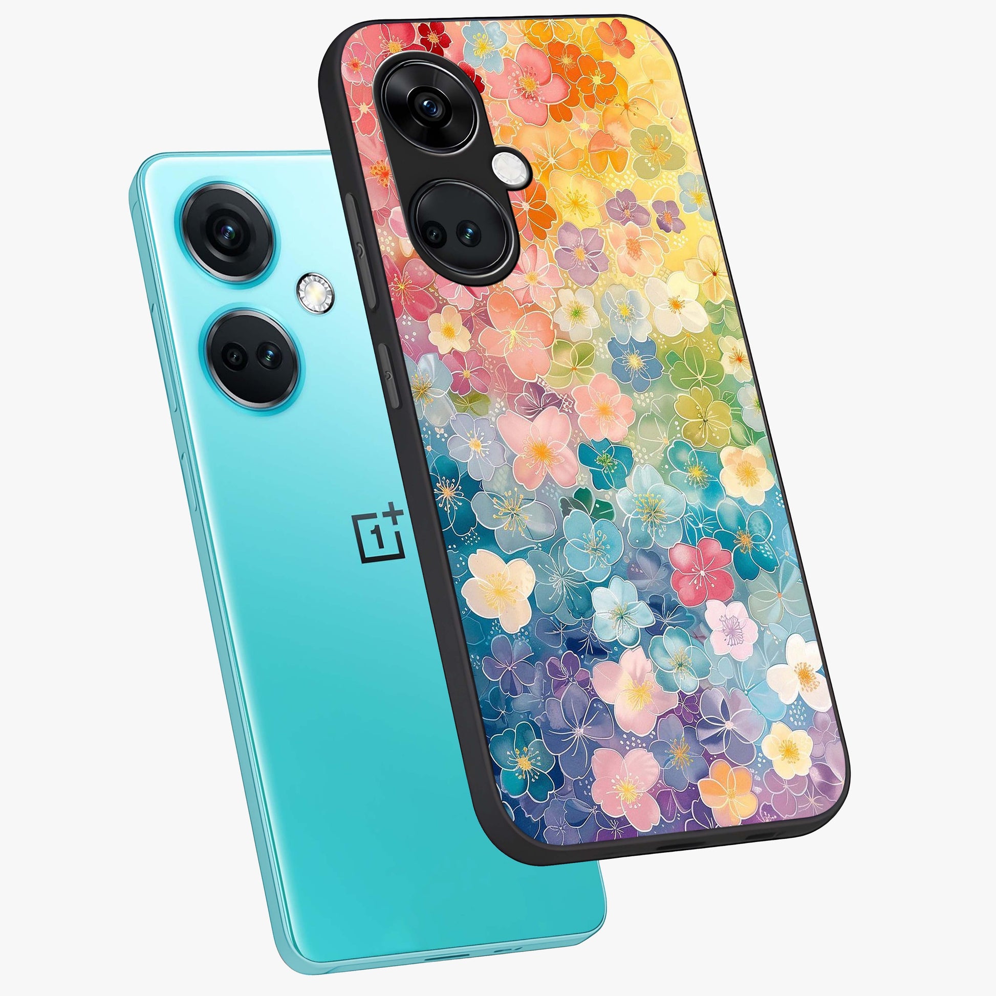 Multiple Background With Flower Glass Case for 1+Nord CE 3 angled mockup showcasing glossy glass finish and colorful detailing