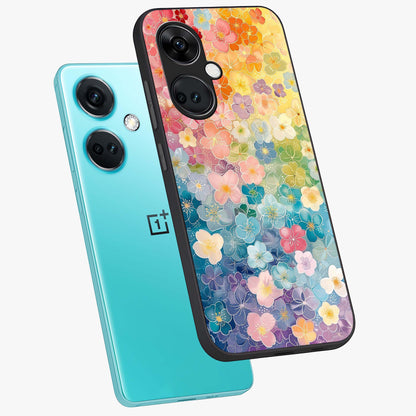 Multiple Background With Flower Glass Case for 1+Nord CE 3 angled mockup showcasing glossy glass finish and colorful detailing