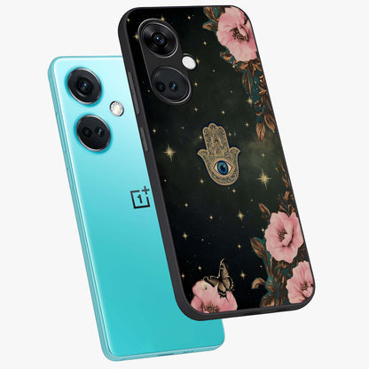Mystic Bloom Protection Glass Case for 1+Nord CE 3 angled mockup showcasing glossy finish and vibrant spiritual tones