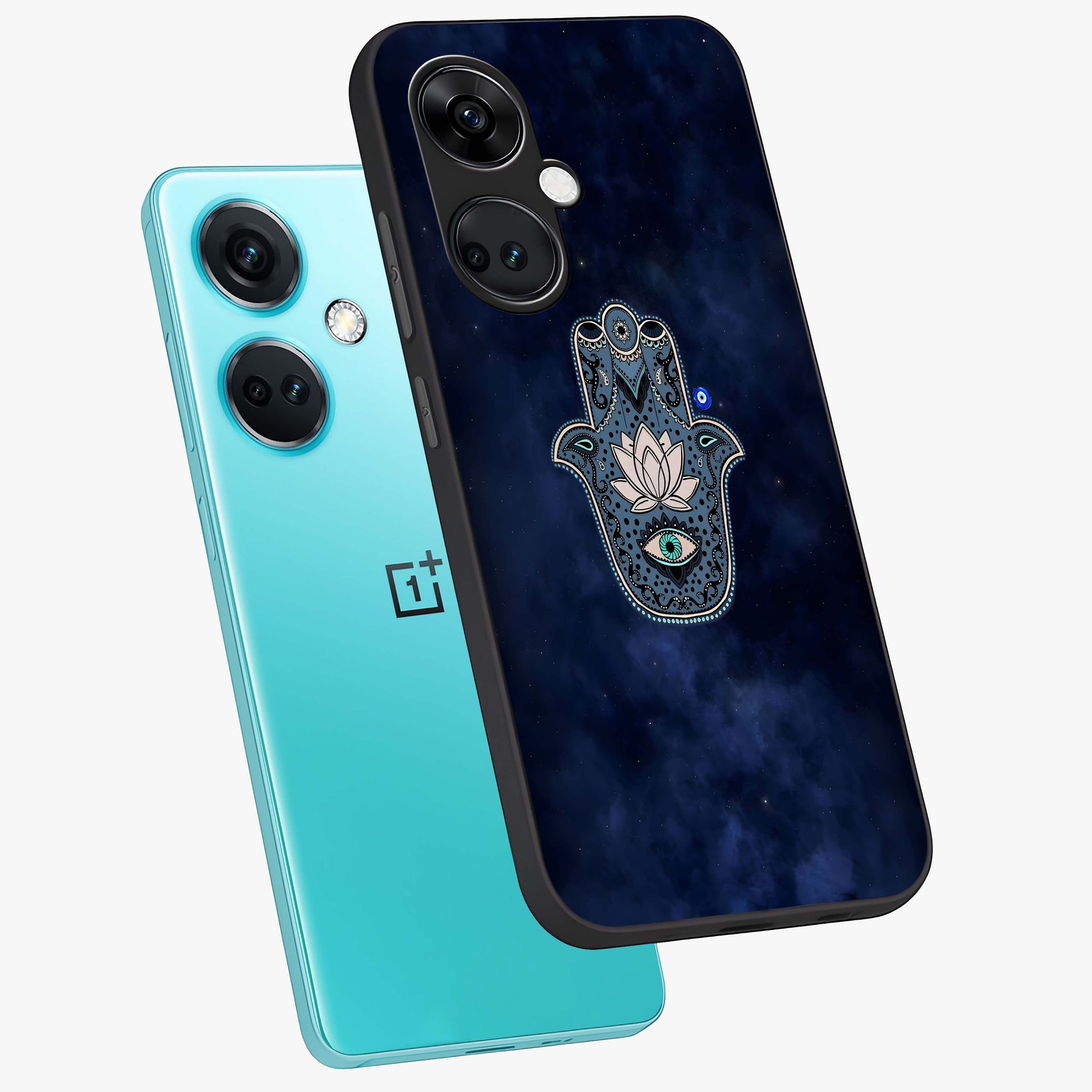 Mystic Calm Shield Glass Case for 1+Nord CE 3 angled mockup showcasing glossy finish and subtle mystical detailing