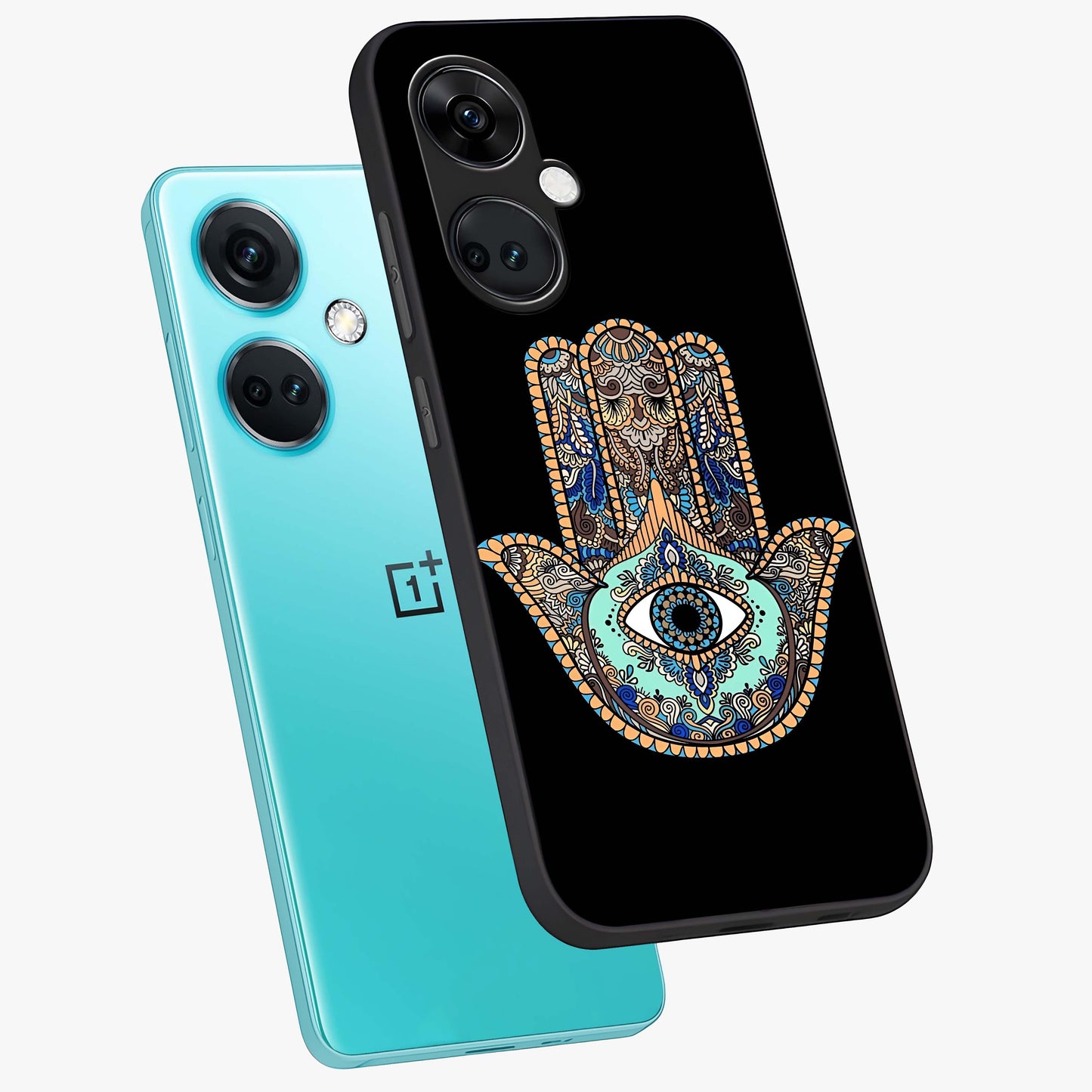 Mystic Hamsa Eye Glass Case for 1+Nord CE 3 angled mockup showcasing glossy finish and protective design elements