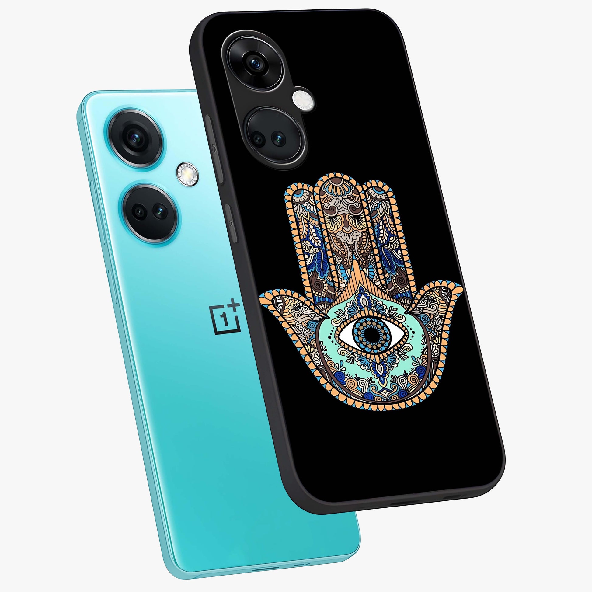 Mystic Hamsa Eye Glass Case for 1+Nord CE 3 angled mockup showcasing glossy finish and protective design elements
