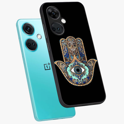 Mystic Hamsa Eye Glass Case for 1+Nord CE 3 angled mockup showcasing glossy finish and protective design elements