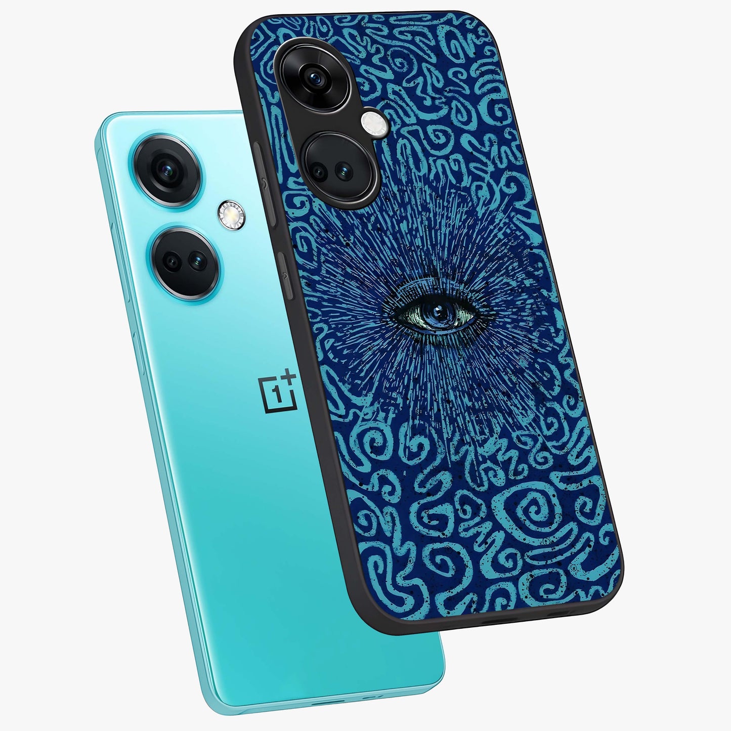 Mystic Inner Eye Glass Case for 1+Nord CE 3 angled mockup showcasing glossy finish and deep cosmic gradients