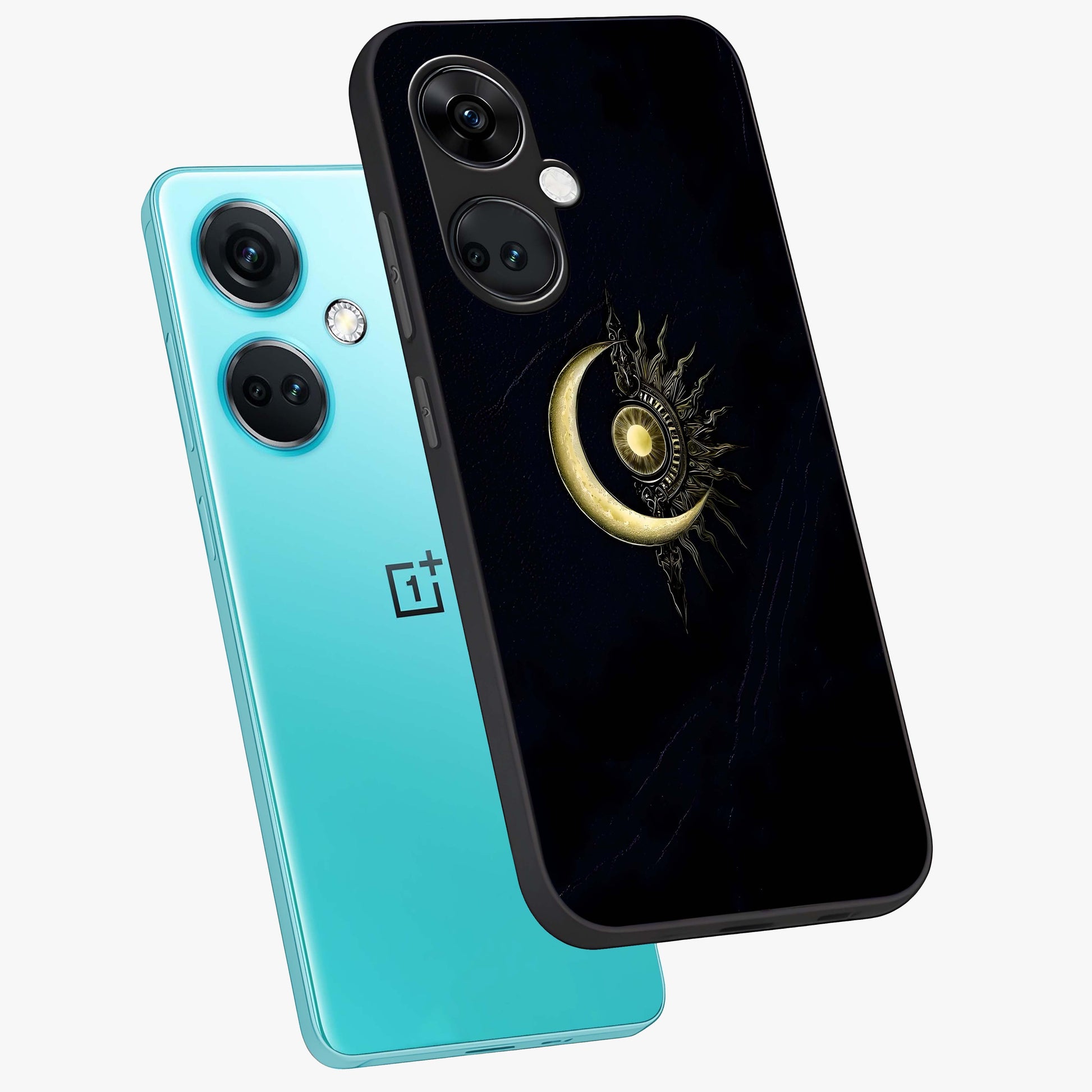 Mystic Lunar Flame Glass Case for 1+Nord CE 3 angled mockup showcasing glossy finish and glowing night tones