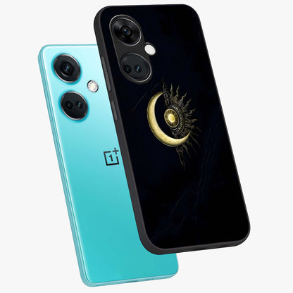 Mystic Lunar Flame Glass Case for 1+Nord CE 3 angled mockup showcasing glossy finish and glowing night tones