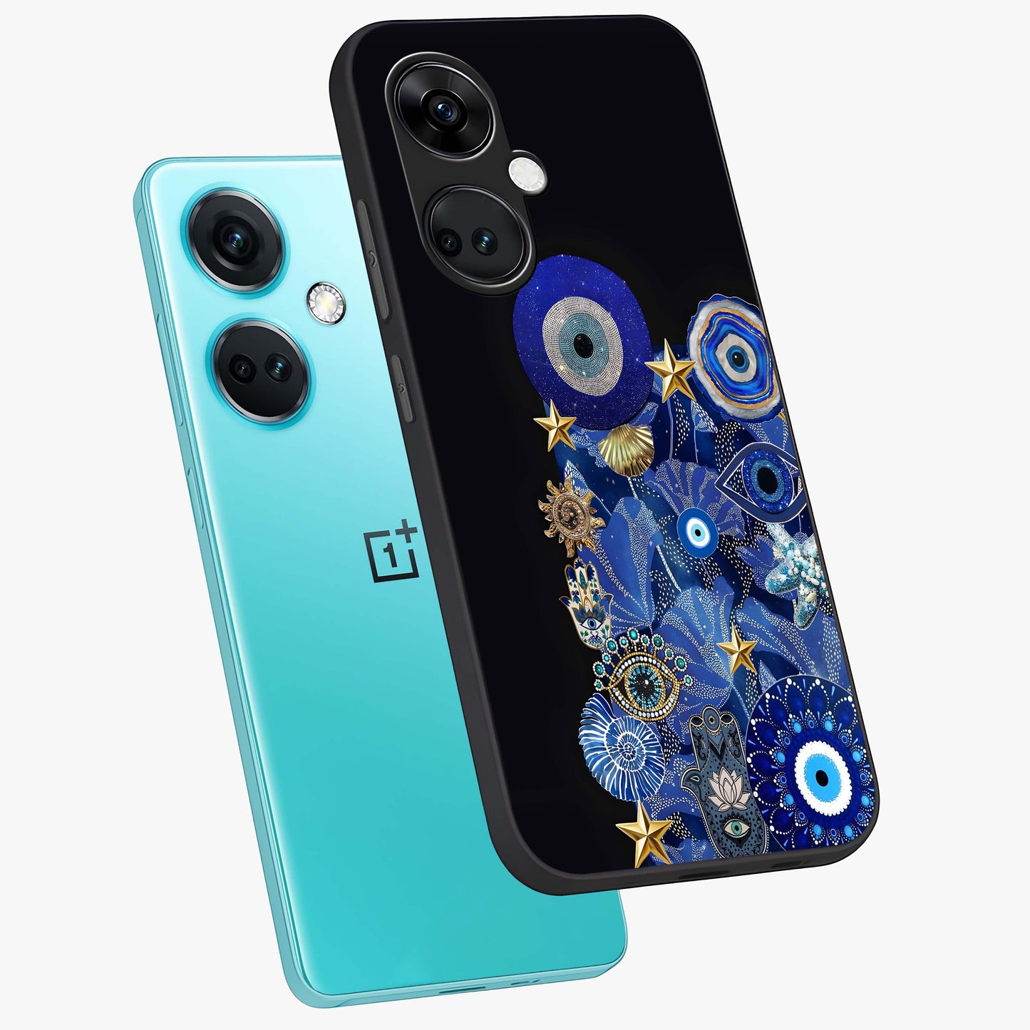 Mystic Ocean Eye Glass Case for 1+Nord Ce 3 angled mockup showcasing glossy finish and fluid wave detailing