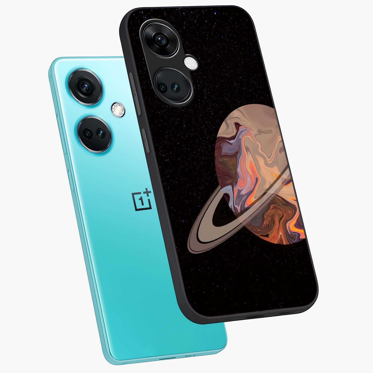 Mystic Saturn Aesthetic Glass Case for 1+Nord Ce 3 angled mockup showcasing glossy finish and deep space gradients