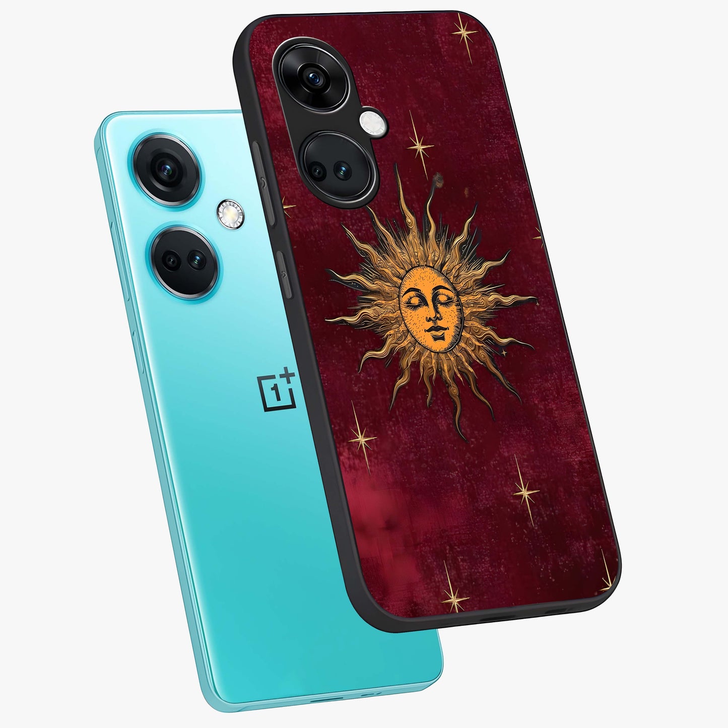 Mystic Solar Glow Glass Case for 1+Nord Ce 3 angled mockup showcasing glossy glass finish and warm golden tones