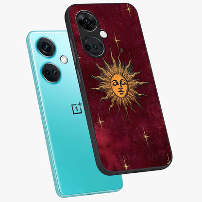 Mystic Solar Glow Glass Case for 1+Nord Ce 3 angled mockup showcasing glossy glass finish and warm golden tones