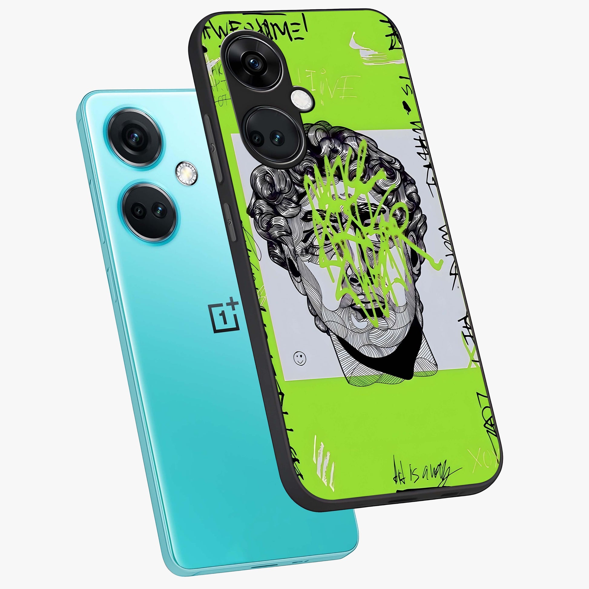 Neo Graffiti Rebellion Glass Case for 1+Nord Ce 3 angled mockup showcasing glossy finish and urban neon detailing