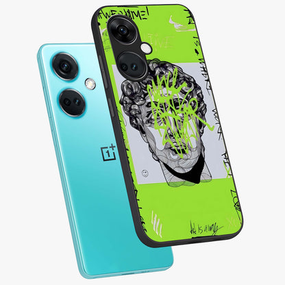 Neo Graffiti Rebellion Glass Case for 1+Nord Ce 3 angled mockup showcasing glossy finish and urban neon detailing