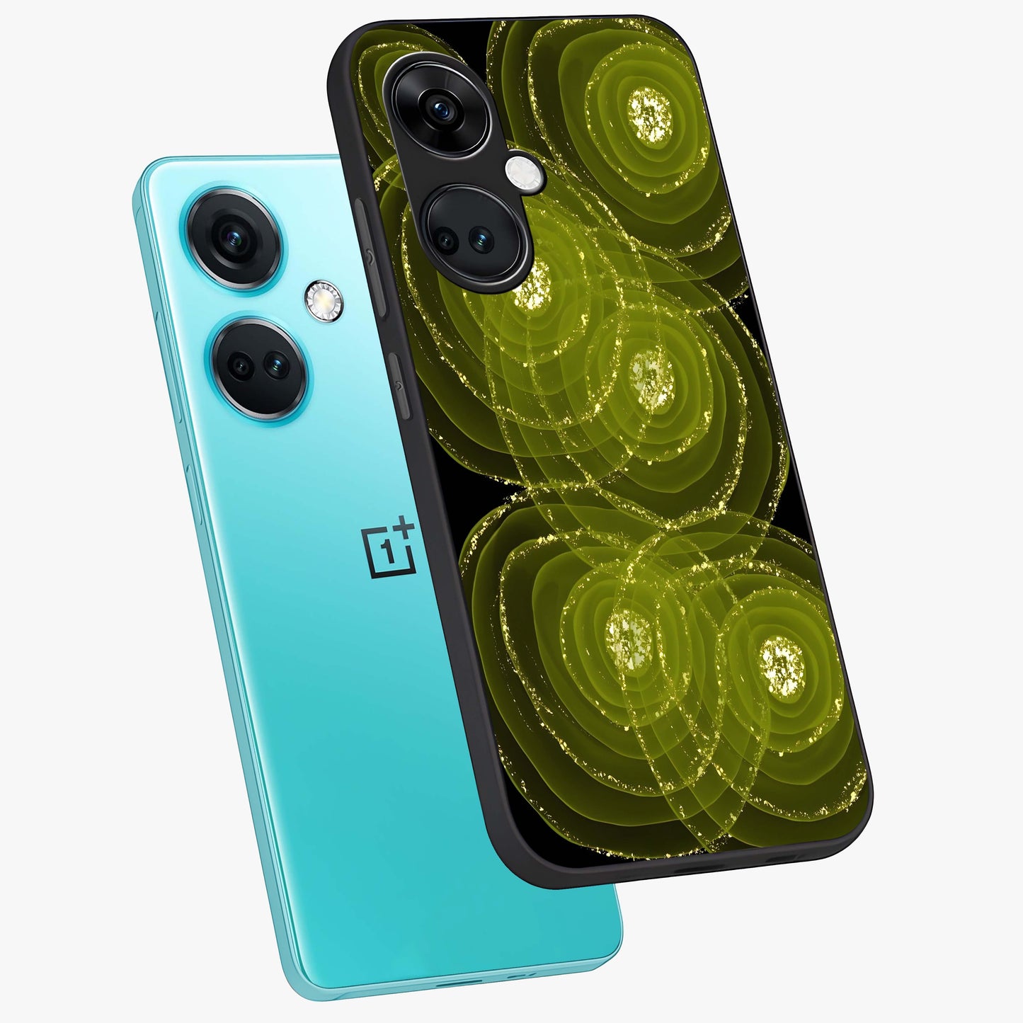 Neon Orbit Bloom Marble Glass Case for 1+Nord CE 3 angled mockup showcasing glossy finish and vibrant bloom detailing