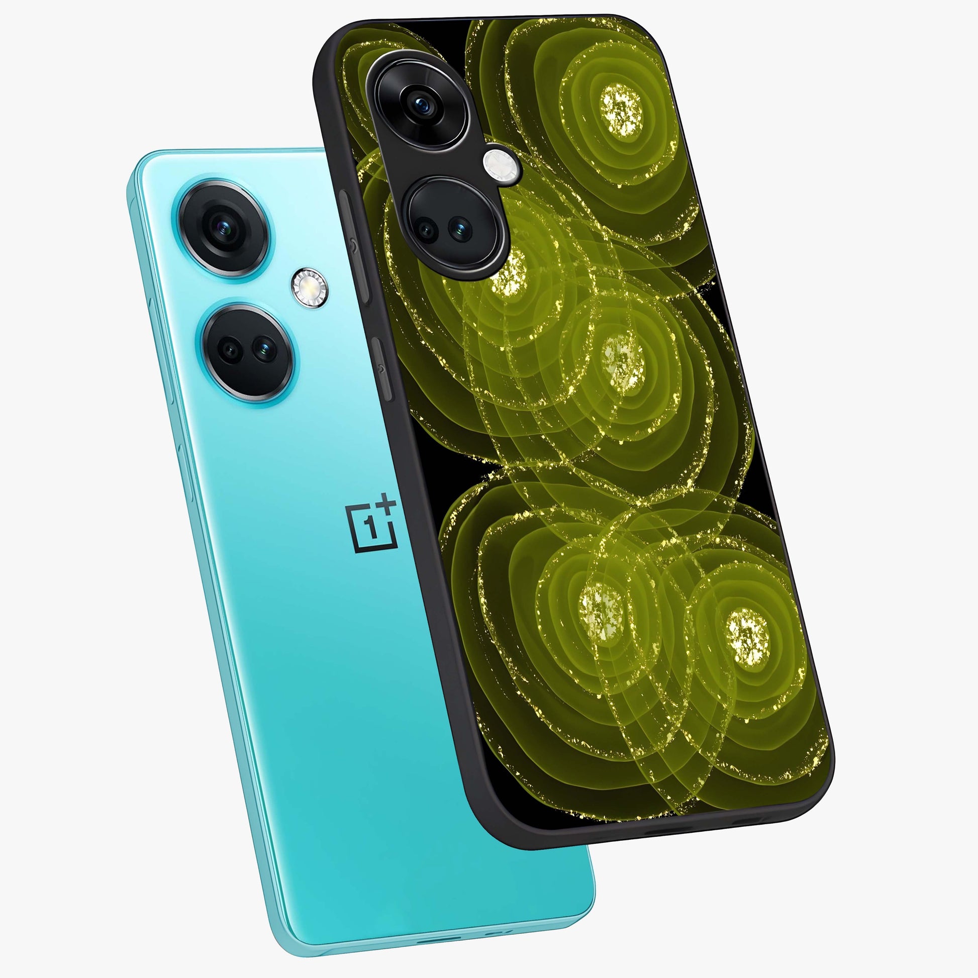 Neon Orbit Bloom Marble Glass Case for 1+Nord CE 3 angled mockup showcasing glossy finish and vibrant bloom detailing
