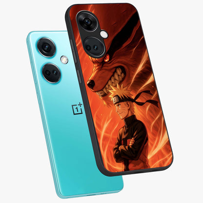 Nine Tails Legacy Glass Case for 1+Nord CE 3 angled mockup showcasing glossy finish and dramatic fiery tones