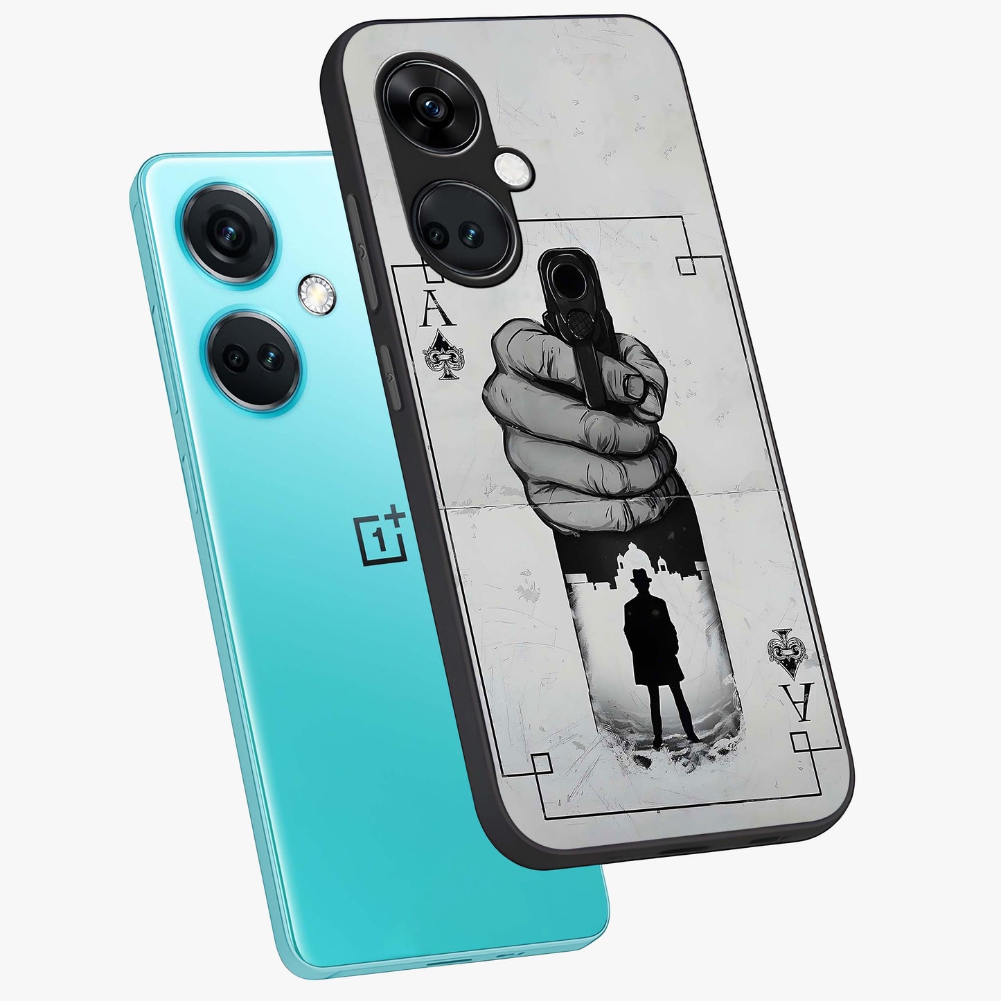 Noir Trigger Fate Glass Case for 1+Nord Ce 3 angled mockup showcasing glossy finish and intense shadow detailing