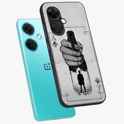 Noir Trigger Fate Glass Case for 1+Nord Ce 3 angled mockup showcasing glossy finish and intense shadow detailing