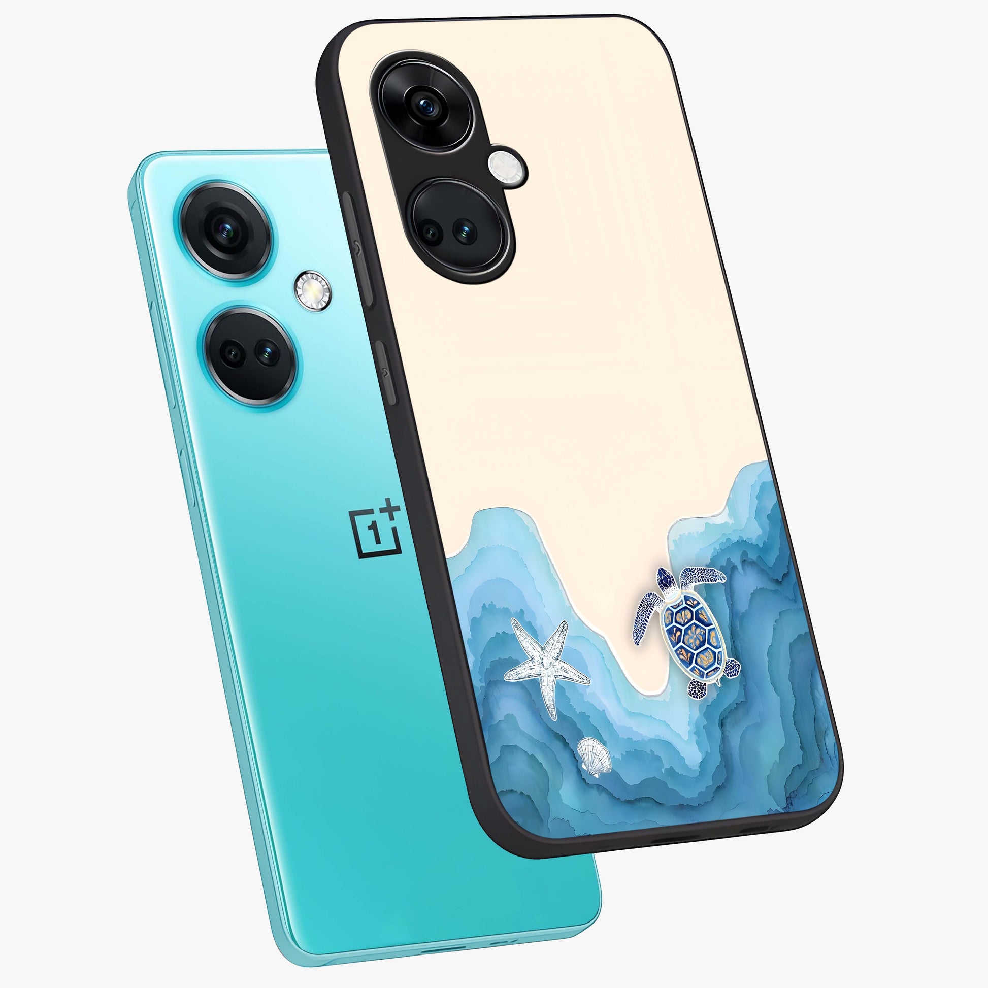 Ocean Drift Turtle Glass Case for 1+Nord Ce 3 angled mockup showcasing glossy glass finish and fluid wave detailing