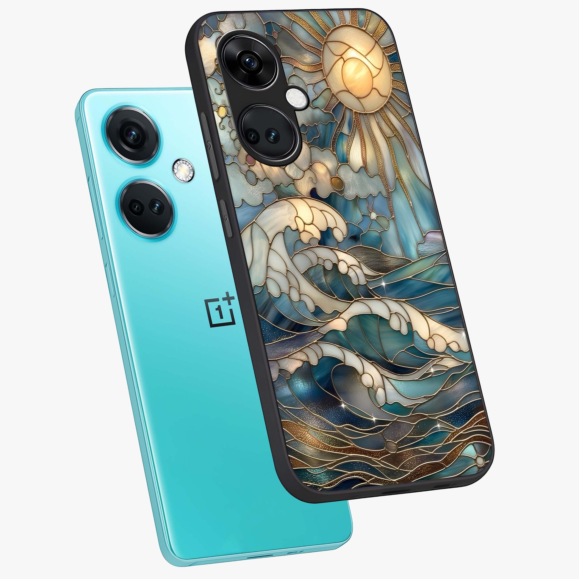 Ocean Mosaic Art Glass Case for 1+Nord Ce 3 angled mockup showcasing glossy finish and vibrant blue detailing