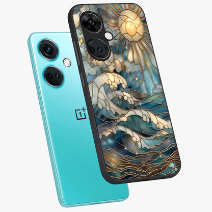 Ocean Mosaic Art Glass Case for 1+Nord Ce 3 angled mockup showcasing glossy finish and vibrant blue detailing