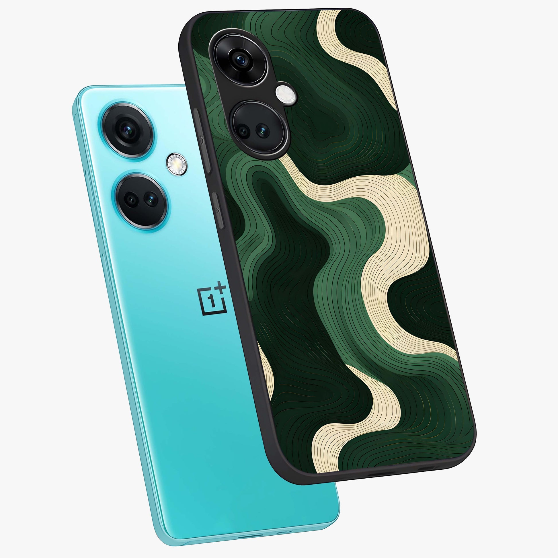 Organic Swirl Design Glass Case for 1+Nord Ce 3 angled mockup showcasing glossy finish and smooth gradient tones