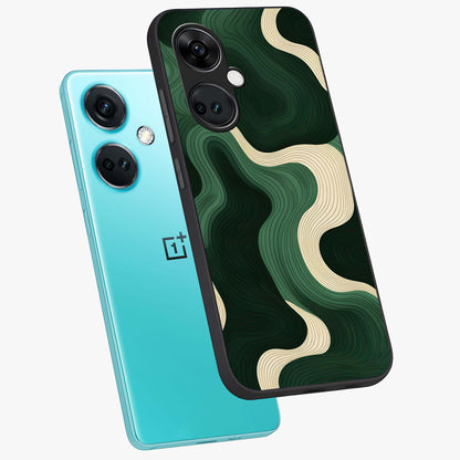 Organic Swirl Design Glass Case for 1+Nord Ce 3 angled mockup showcasing glossy finish and smooth gradient tones