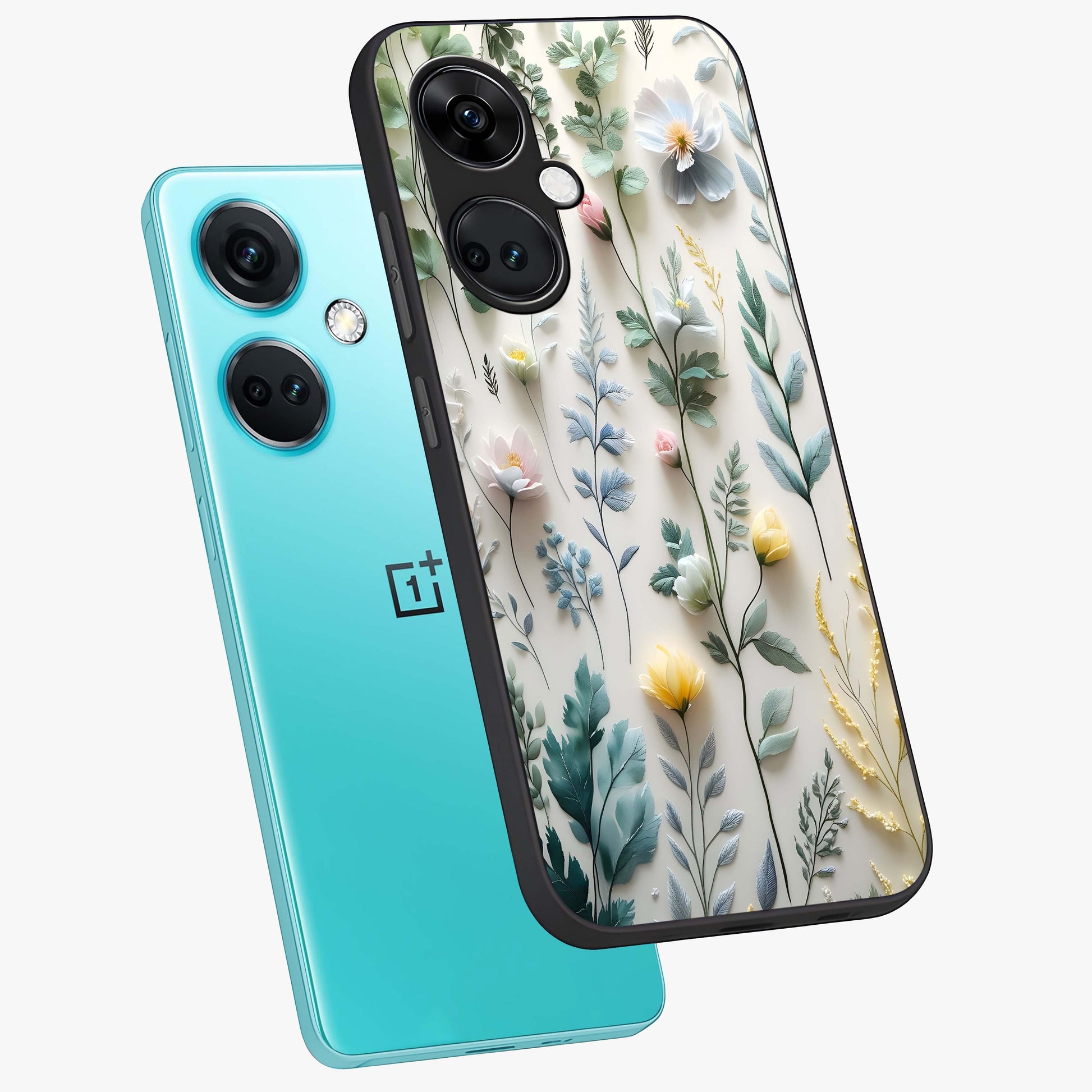 Pastel Garden Whispers Glass Case for 1+Nord Ce 3 angled mockup showcasing glossy finish and gentle bloom tones