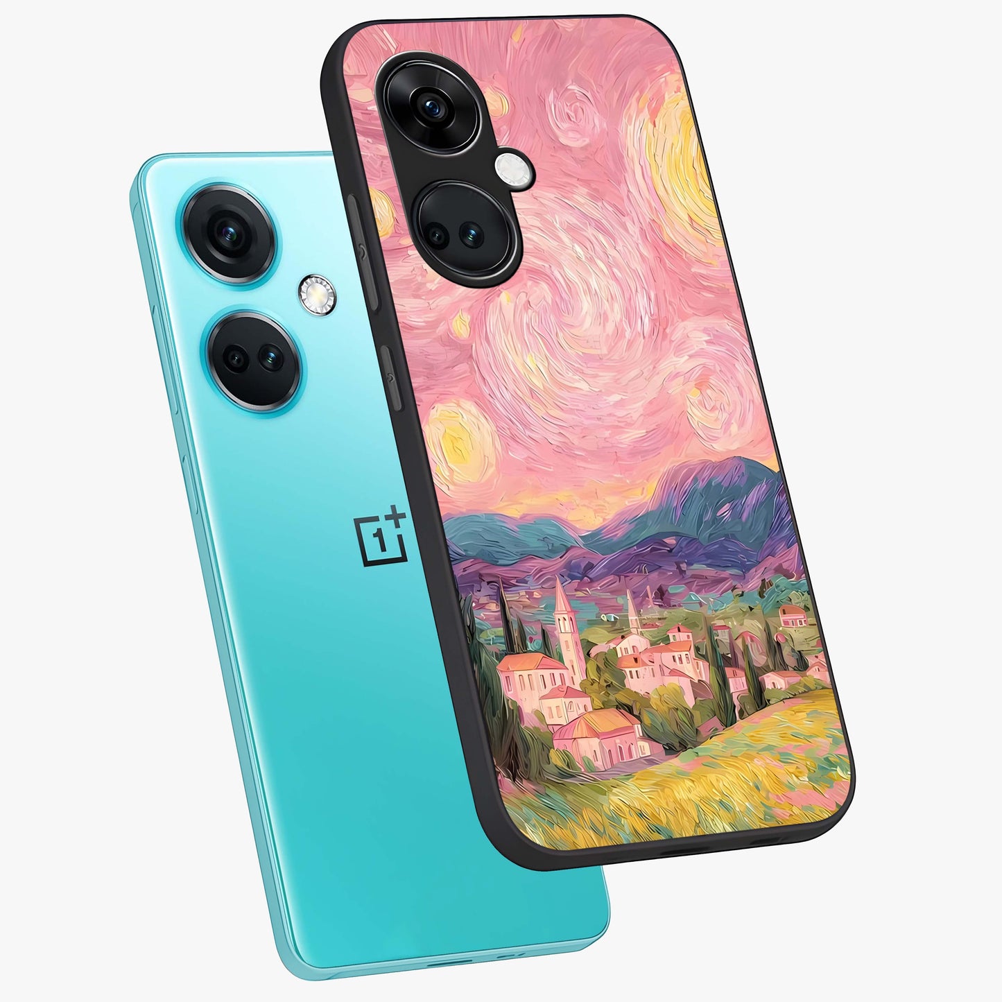 Pastel Starry Village Glass Case for 1+Nord Ce 3 angled mockup showcasing glossy finish and soft celestial tones