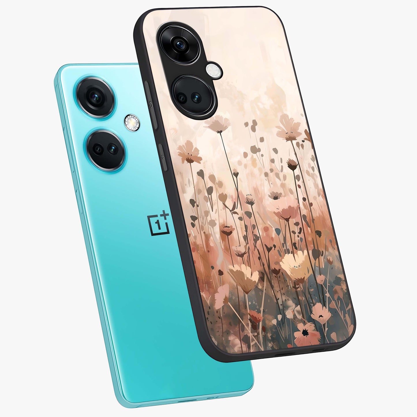 Pastel Wildflowers Glass Case for 1+Nord CE 3 angled mockup showcasing glossy finish and fresh floral detailing