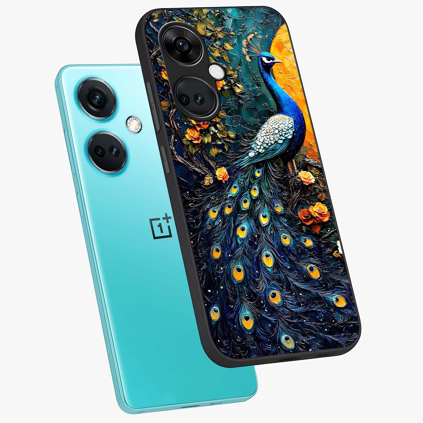 Peacock With Yellow Moon Glass Case for 1+Nord CE 3 angled mockup showcasing glossy finish and deep night tones