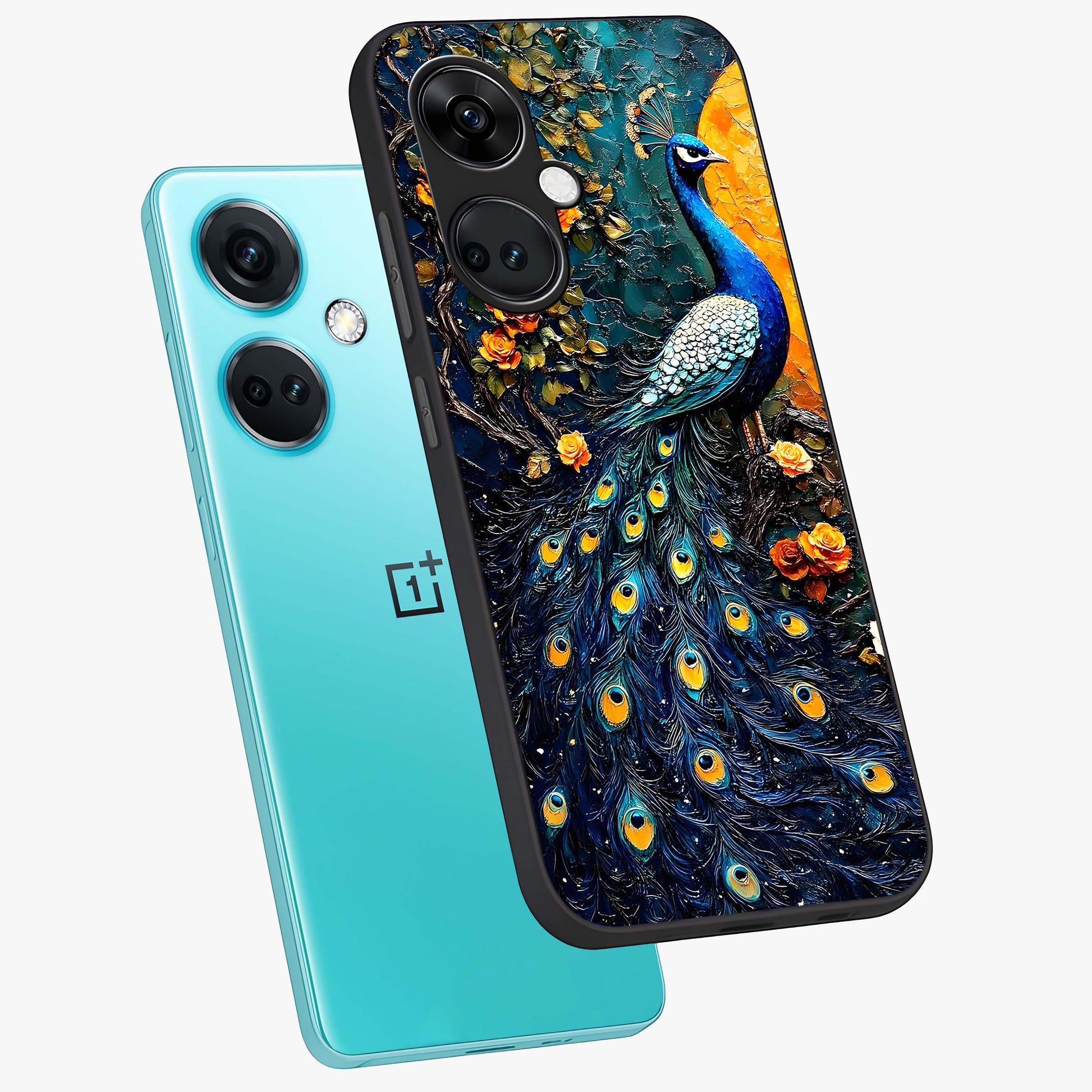Peacock With Yellow Moon Glass Case for 1+Nord CE 3 angled mockup showcasing glossy finish and deep night tones