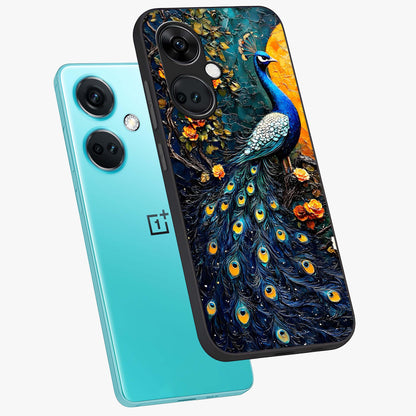Peacock With Yellow Moon Glass Case for 1+Nord CE 3 angled mockup showcasing glossy finish and deep night tones