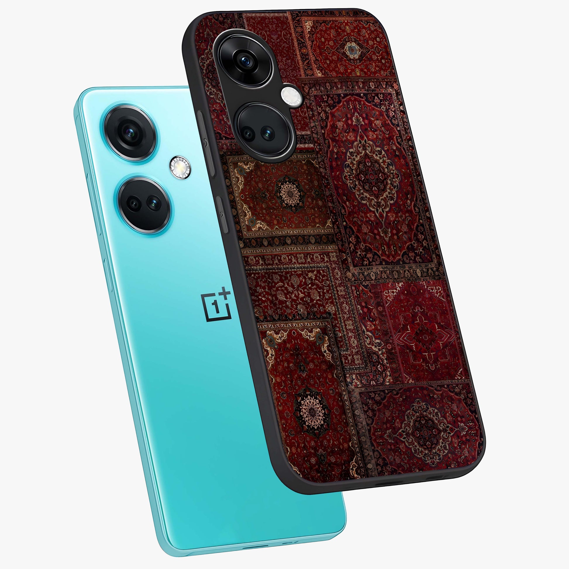 Persian Velvet Tale Glass Case for 1+Nord CE 3 angled mockup showcasing glossy finish and rich deep tones