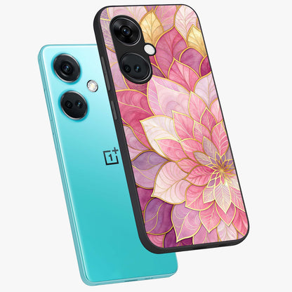 Petal Luxe Bloom Glass Case for 1+Nord Ce 3 angled mockup showcasing glossy finish and vibrant bloom accents