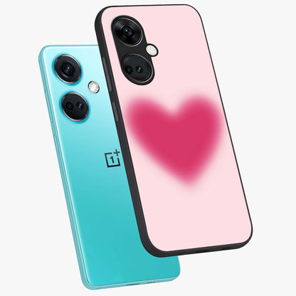 Pink Aura Heart Glass Case for 1+Nord Ce 3 angled mockup showcasing glossy glass finish and radiant aura detailing