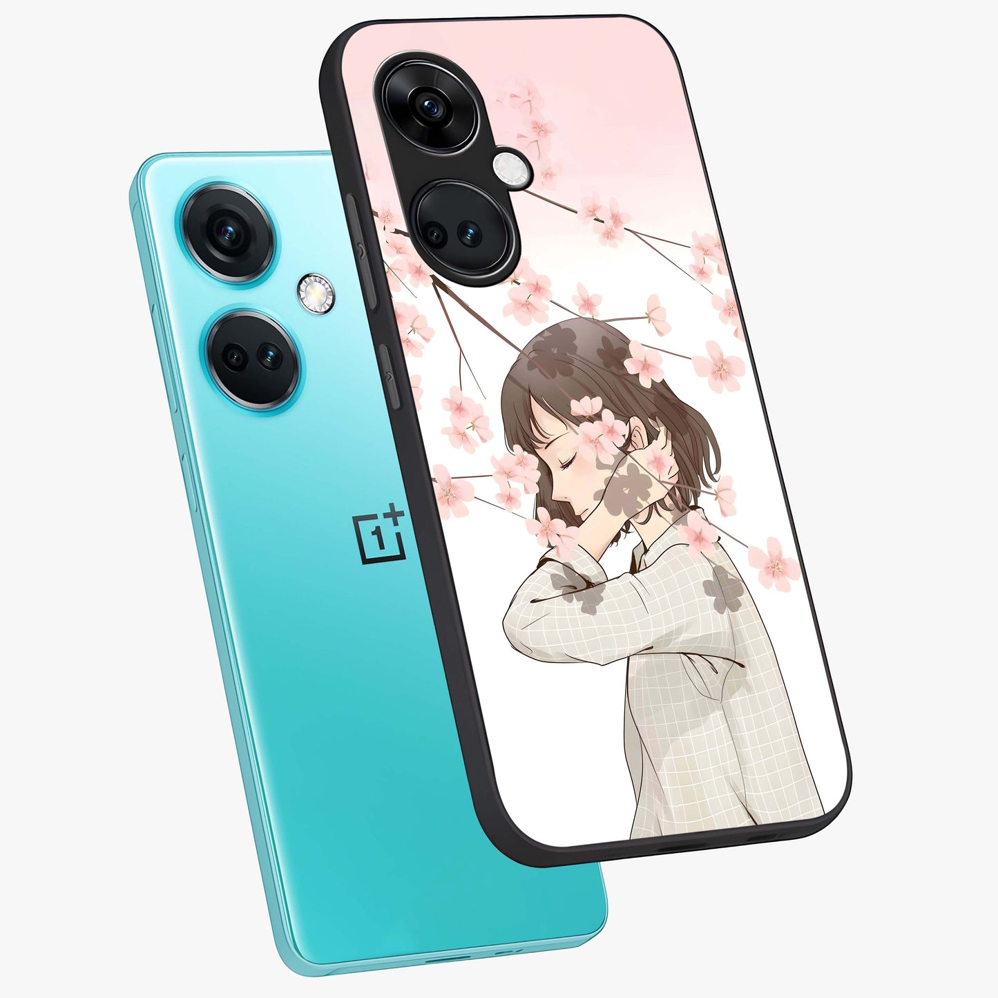 Pink Blossom Girl Glass Case for 1+Nord Ce 3 angled mockup showcasing glossy finish and pastel floral detailing