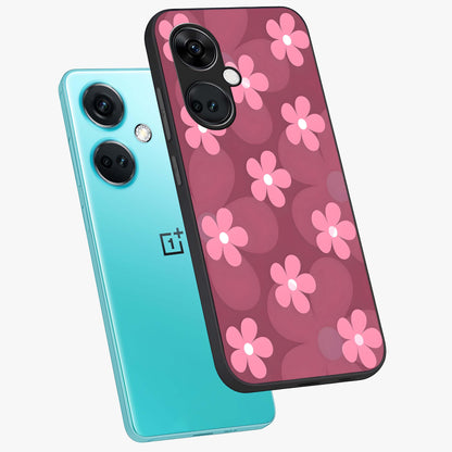 Pink Daisy Flower Pattern Glass Case for 1+Nord CE 3 angled mockup showcasing glossy finish and playful bloom detailing