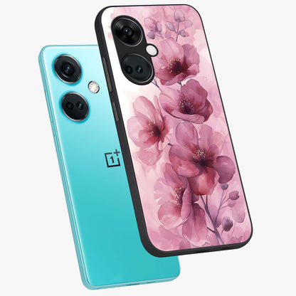 Pink Floral Glass Case for 1+Nord CE 3 angled mockup showcasing glossy finish and delicate bloom detailing