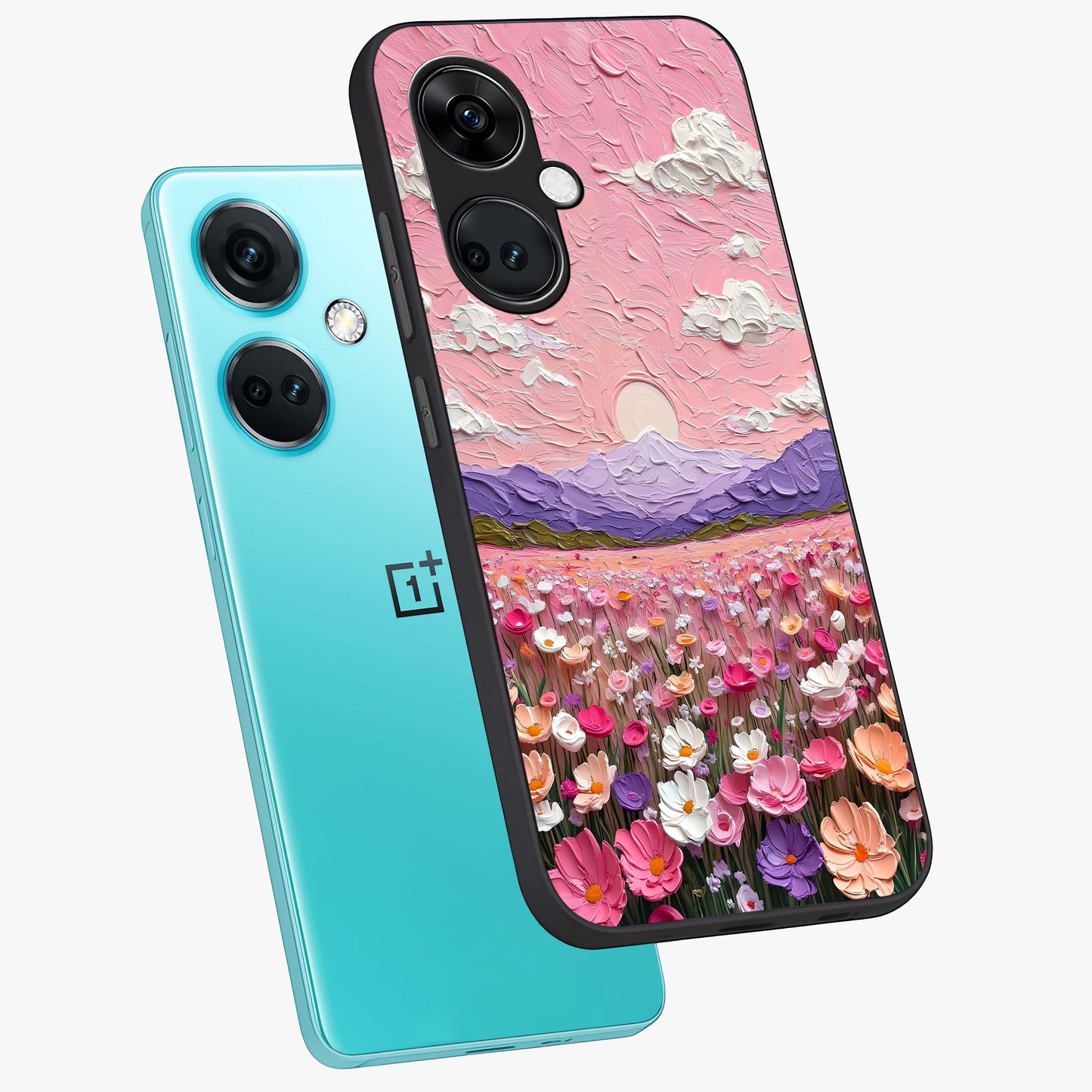 Pink Pastel Groovy Art Glass Case for 1+Nord Ce 3 angled mockup showcasing glossy finish and vibrant abstract detailing