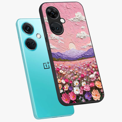 Pink Pastel Groovy Art Glass Case for 1+Nord Ce 3 angled mockup showcasing glossy finish and vibrant abstract detailing